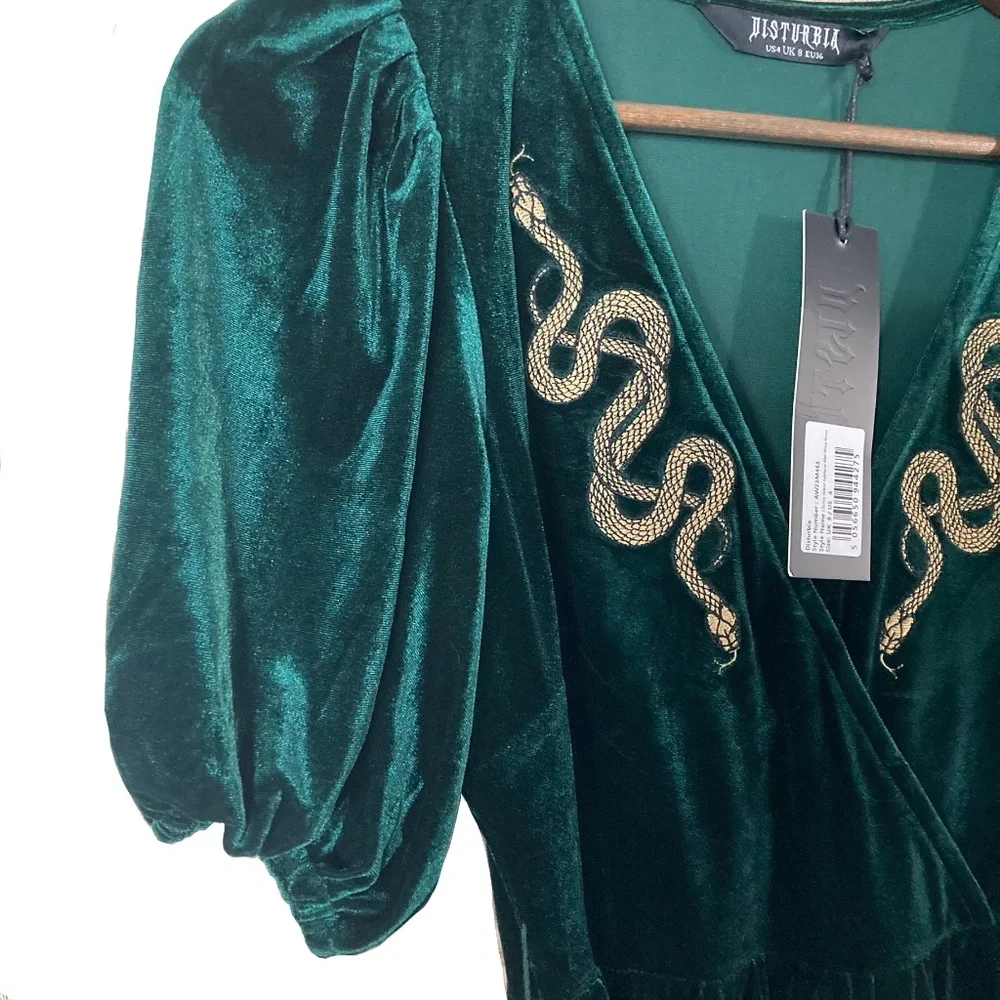 DISTURBIA Zarina Velour Applique Midi Wrap Dress Emerald Green NWT - Picture 7 of 12